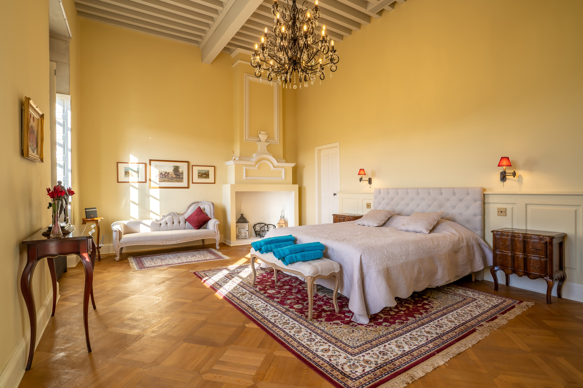 Master bedroom with chandelier